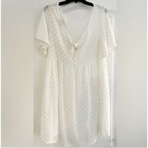 White Eyelet Gold Dot Summer Mini Dress Small Boho Sundress Babydoll Dress